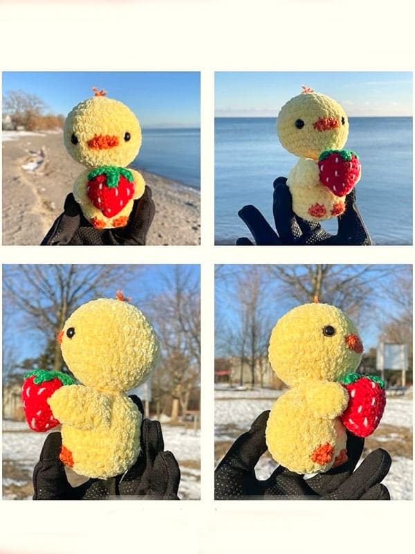 Free crochet little chick holding a strawberry pattern (3)